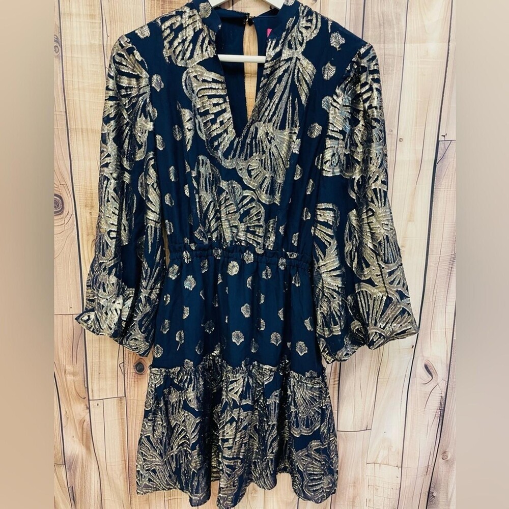 Lilly Pulitzer JOELLA‎ SILK DRESS True Navy Gold Fit & Flare